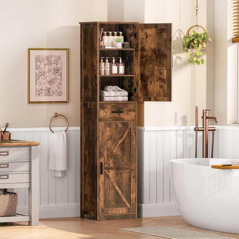 WEENFON Tall Bathroom Cabinet, Storage Cabinet with 6 Shelves & Drawer, Bathroom Storage Cabinet with Adjustable Shelves, Tall Cabinet for Living Room, Home Office, Rustic Brown - Image 3